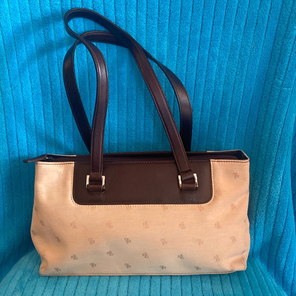 Ralph Lauren vintage tan canvas RL monogram cognac leather trim brown handbag